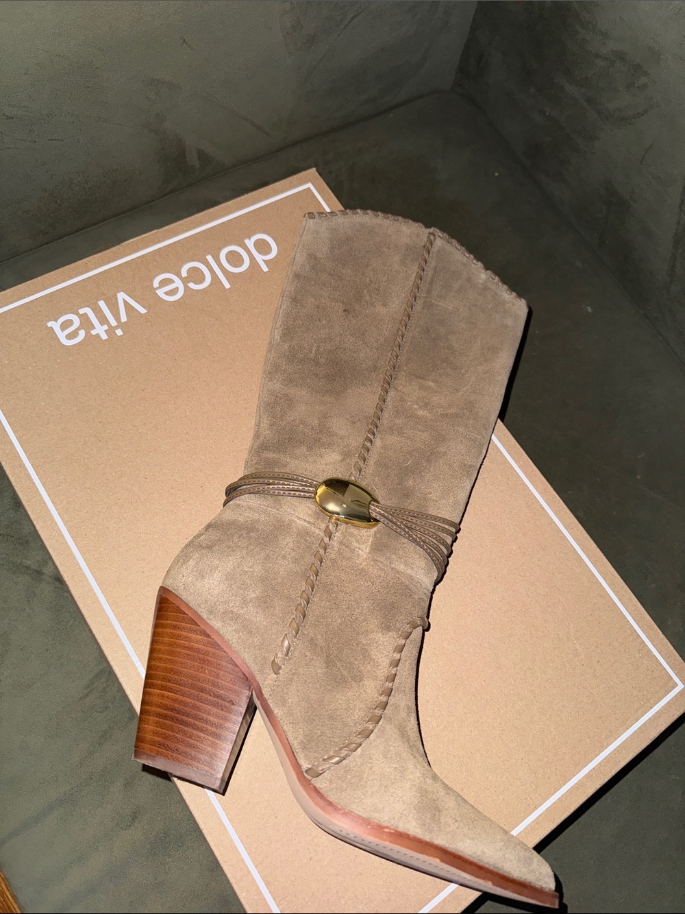 Dolce Vita Taupe Suede Mid-Calf Block Heel Boot with Gold Accent